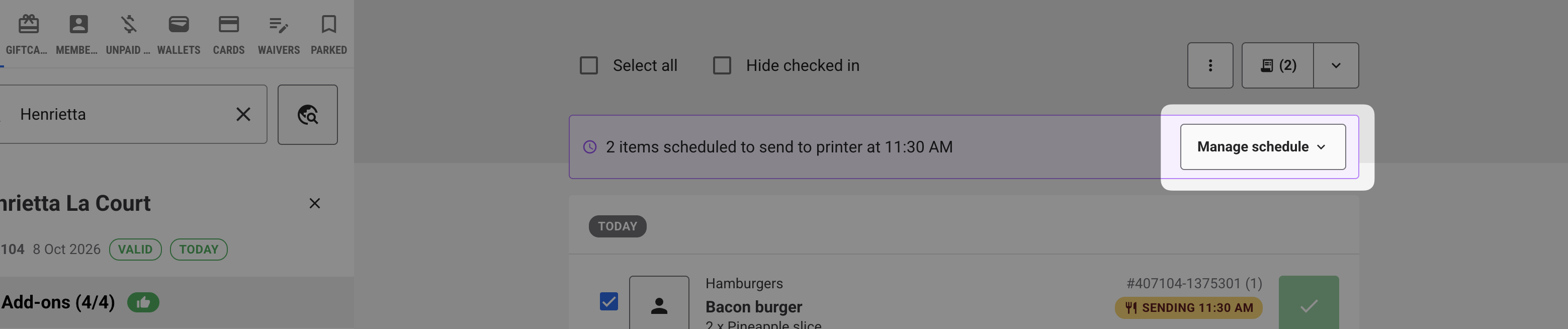 POS booking banner showing when scheduled items send to the printer, with the Manage schedule menu highlighted